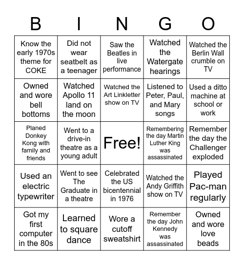 BOOMERS IN 60s, 70s, and 80s Bingo Card