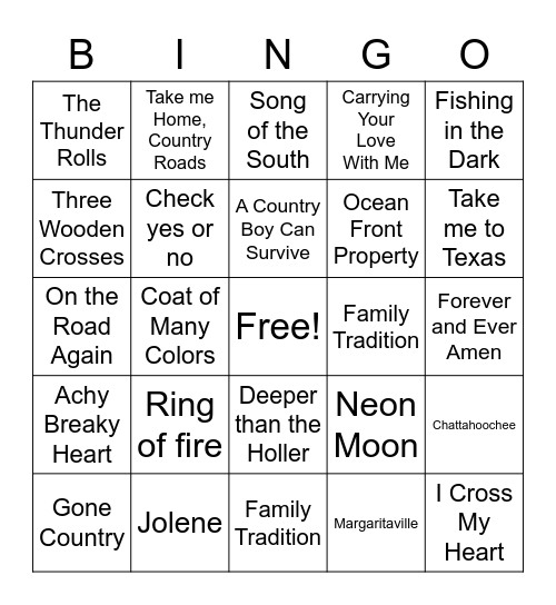 country Bingo Card