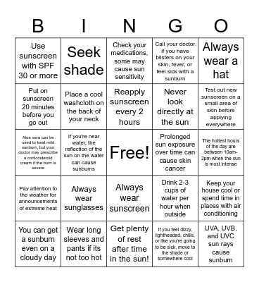 Summer Sun/Heat Safety Bingo Card