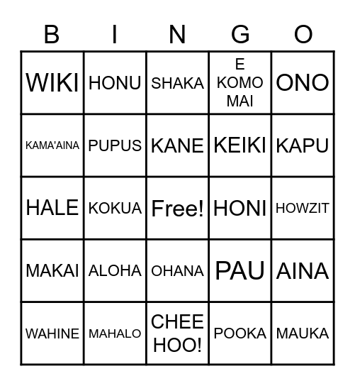 Loco Words Bingo Card