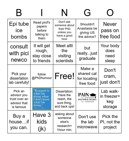 Bingo- PhD advice edition Bingo Card