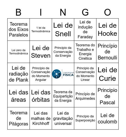 Bingo da Física Bingo Card