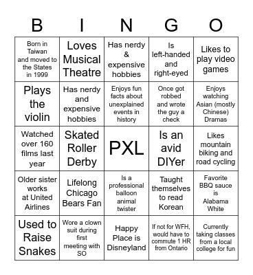 PXL Artwork Team BINGO Card