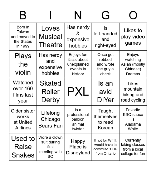 PXL Artwork Team BINGO Card