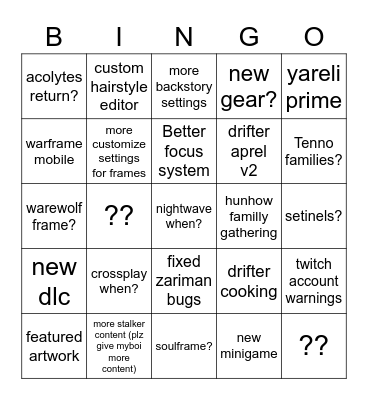 warframe bingo owo Bingo Card