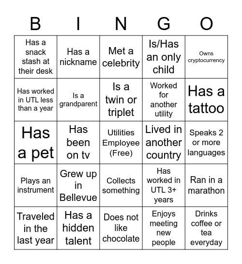 2022 Utilities Picnic Bingo Card