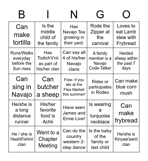 DINE Bingo Card