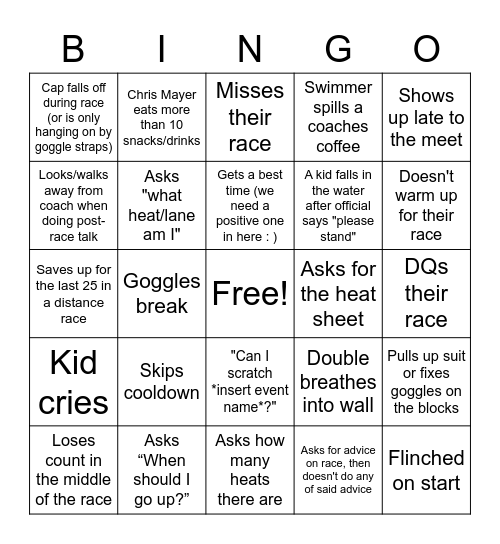 Swim Meet Bingo Card