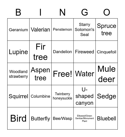 Snowbird Wildflower Festival Bingo Card