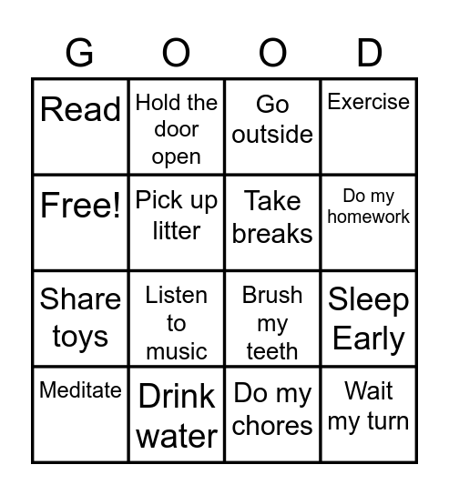 Healthy Habits Bingo Card