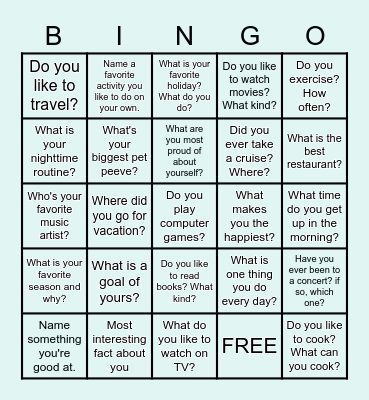 Getting to know you questions Bingo Card