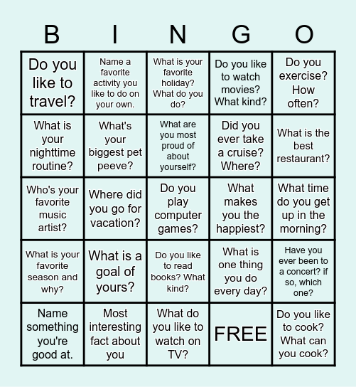 Getting to know you questions Bingo Card