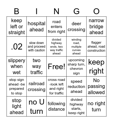 Drivers Ed BINGO Card