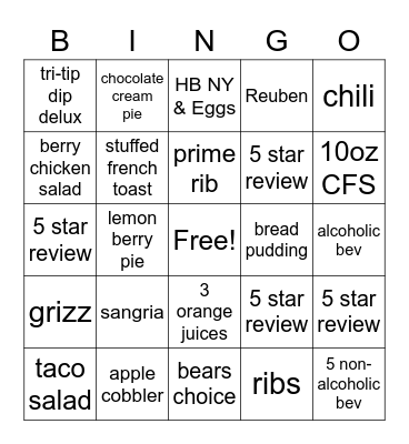 Black Bear Diner Bingo Card