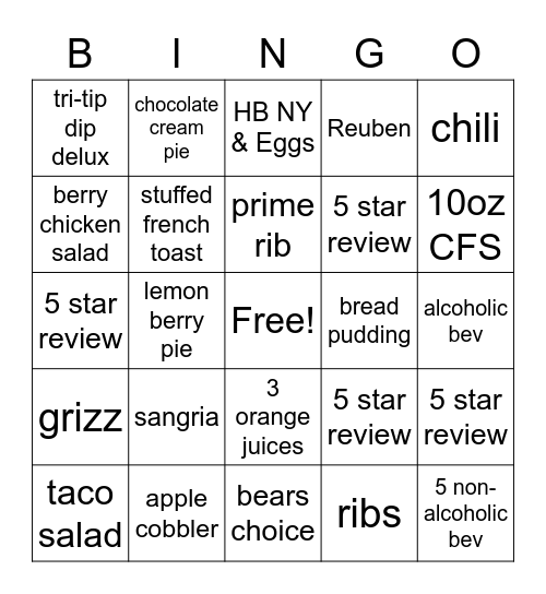 Black Bear Diner Bingo Card