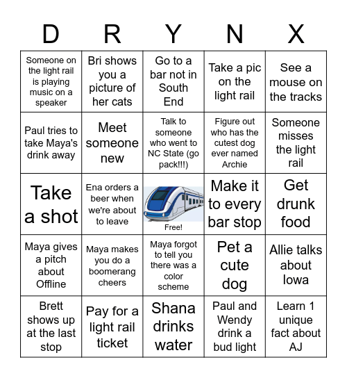 Maya's Light Rail Bar Crawl!! (winner gets a shot lol) Bingo Card