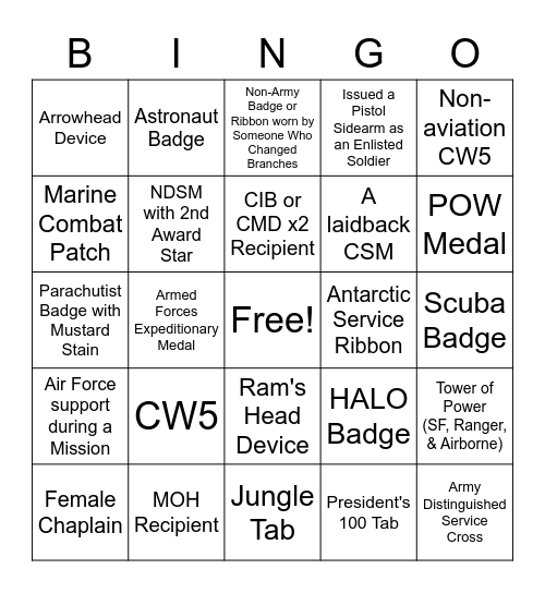 Rare Army Life Events Bingo Card