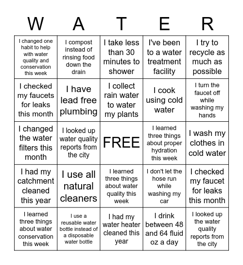 Water Awareness Bingo Card