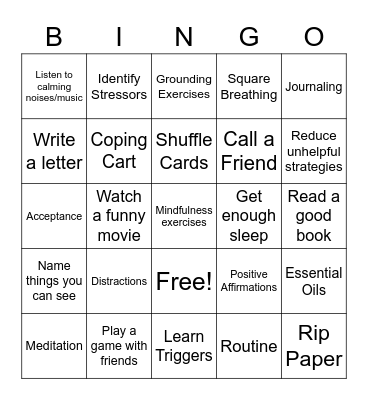 Coping Strategies Bingo Card
