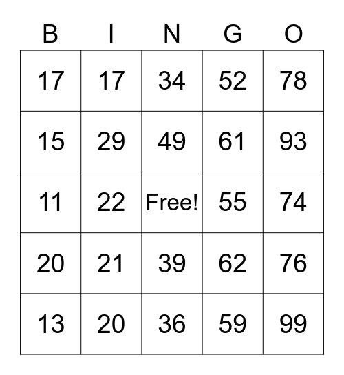 Bingo del 1 al 100 Bingo Card