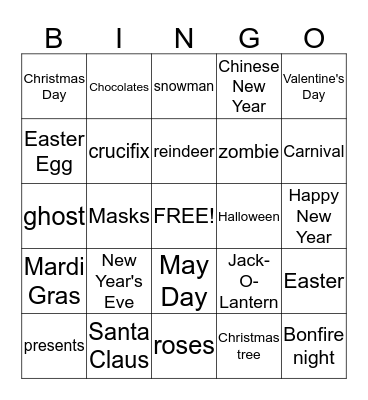 Celebrations of the Year Vocabulary Bingo Card