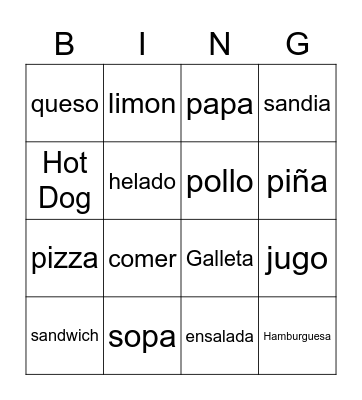 Comidas Bingo Card