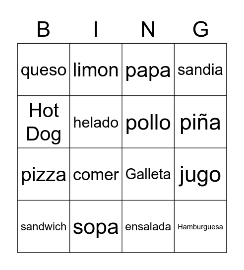 Comidas Bingo Card