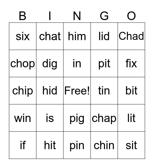 Short i,Ch Words Bingo Card