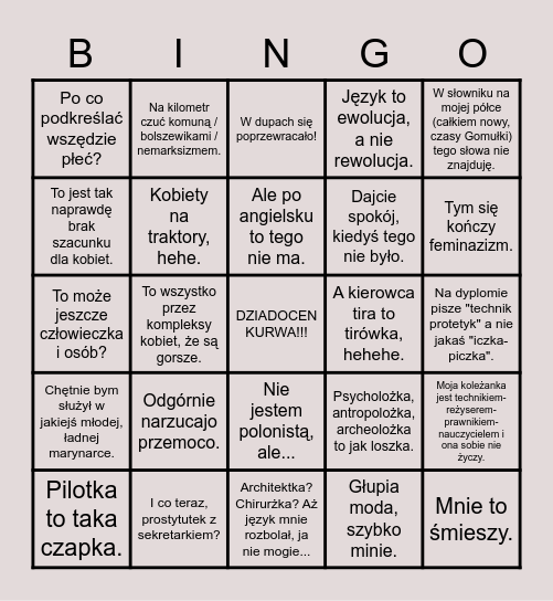 Dziadersowskie Bingo Antyfeminatywowe Bingo Card