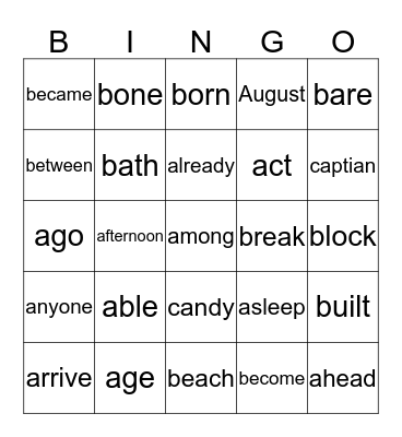 Sight Word Bingo Card