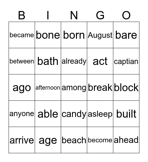 Sight Word Bingo Card