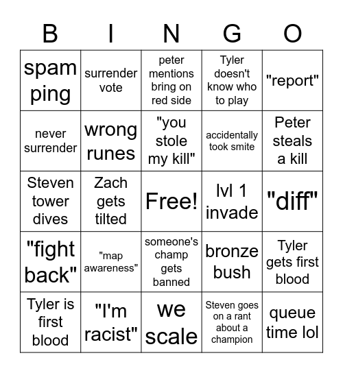 league of bingo Card