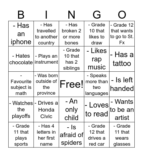 First 5 people to bring back a full bingo card gets candy!!! Bingo Card