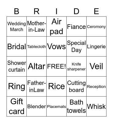 Bridal Bingo Card