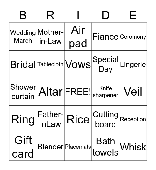 Bridal Bingo Card