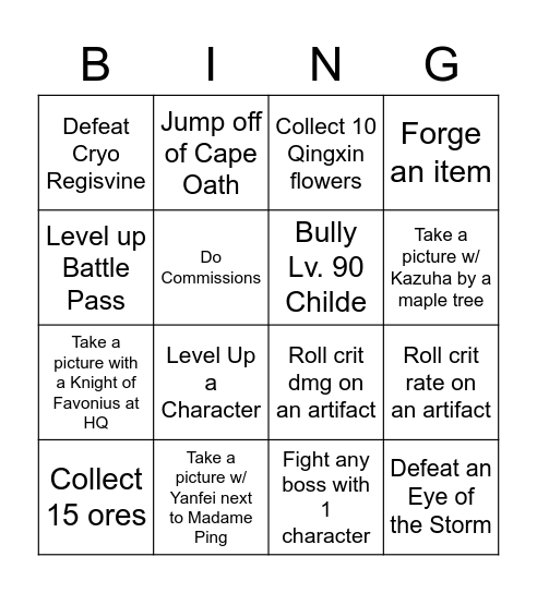 Genshin Bingo Card