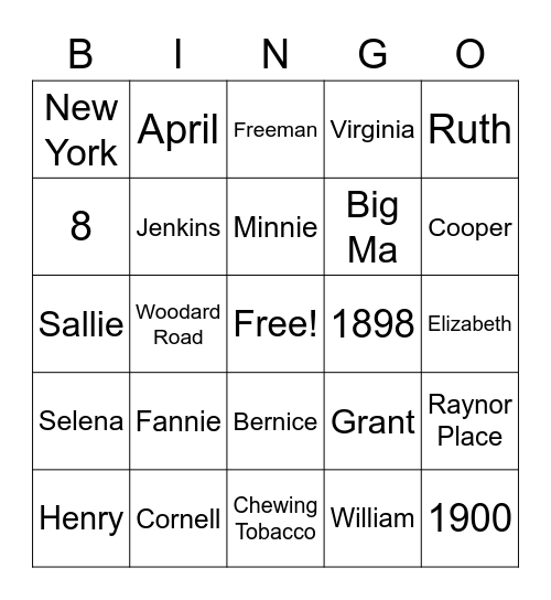 Freeman Family Gathering 2022 Bingo Card