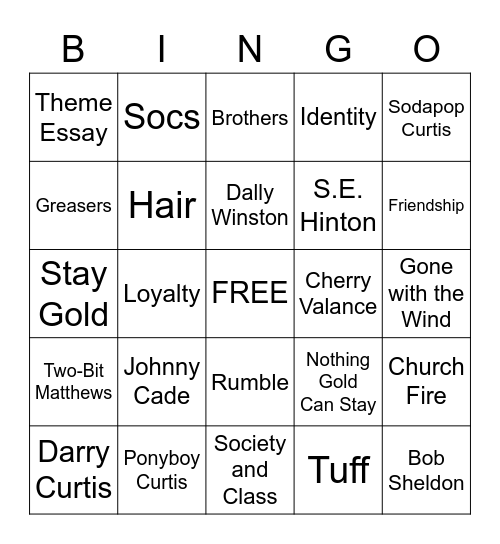 The Outsiders Bingo Card