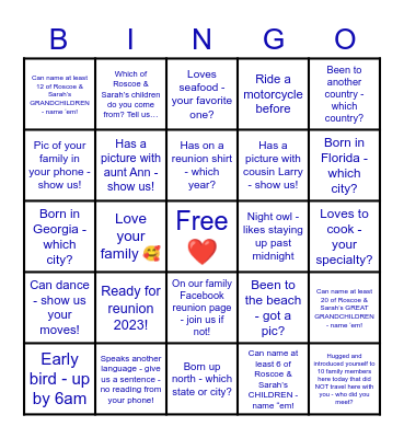 Covington Family - Reunion 2022 Bingo Card