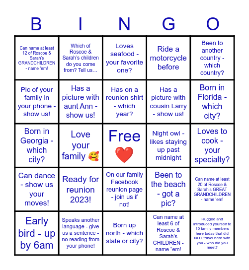 Covington Family - Reunion 2022 Bingo Card