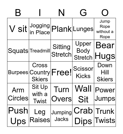 RECS Aerobic Fun Bingo Card