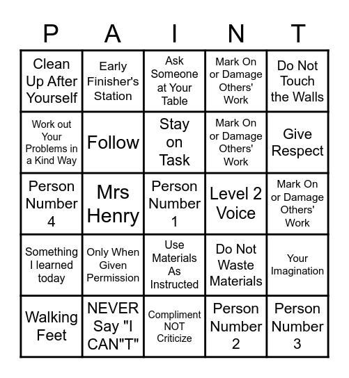 Art Room Rules Bingo Card