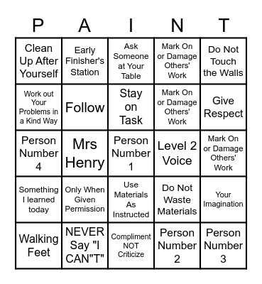 Art Room Rules Bingo Card