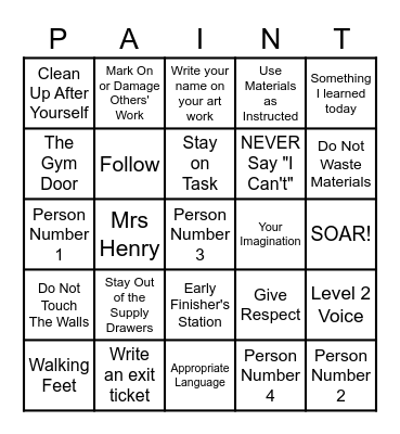 Art Room Rules Bingo Card