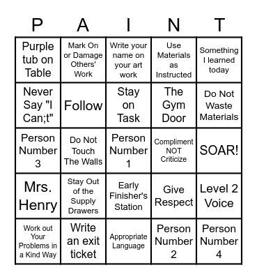 Art Room Rules Bingo Card