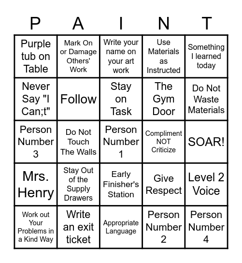 Art Room Rules Bingo Card