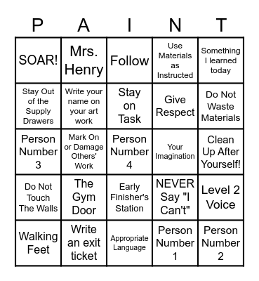 Art Room Rules Bingo Card