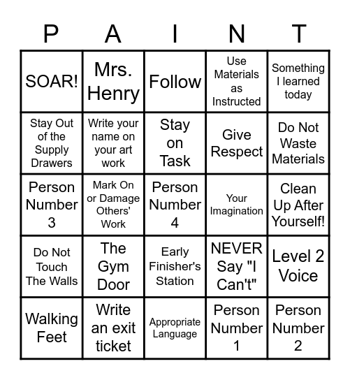 Art Room Rules Bingo Card