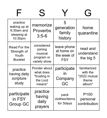 Preparation Bingo Card