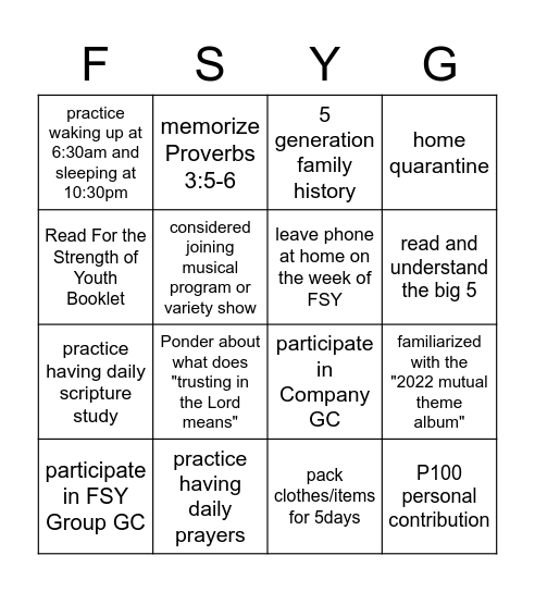 Preparation Bingo Card